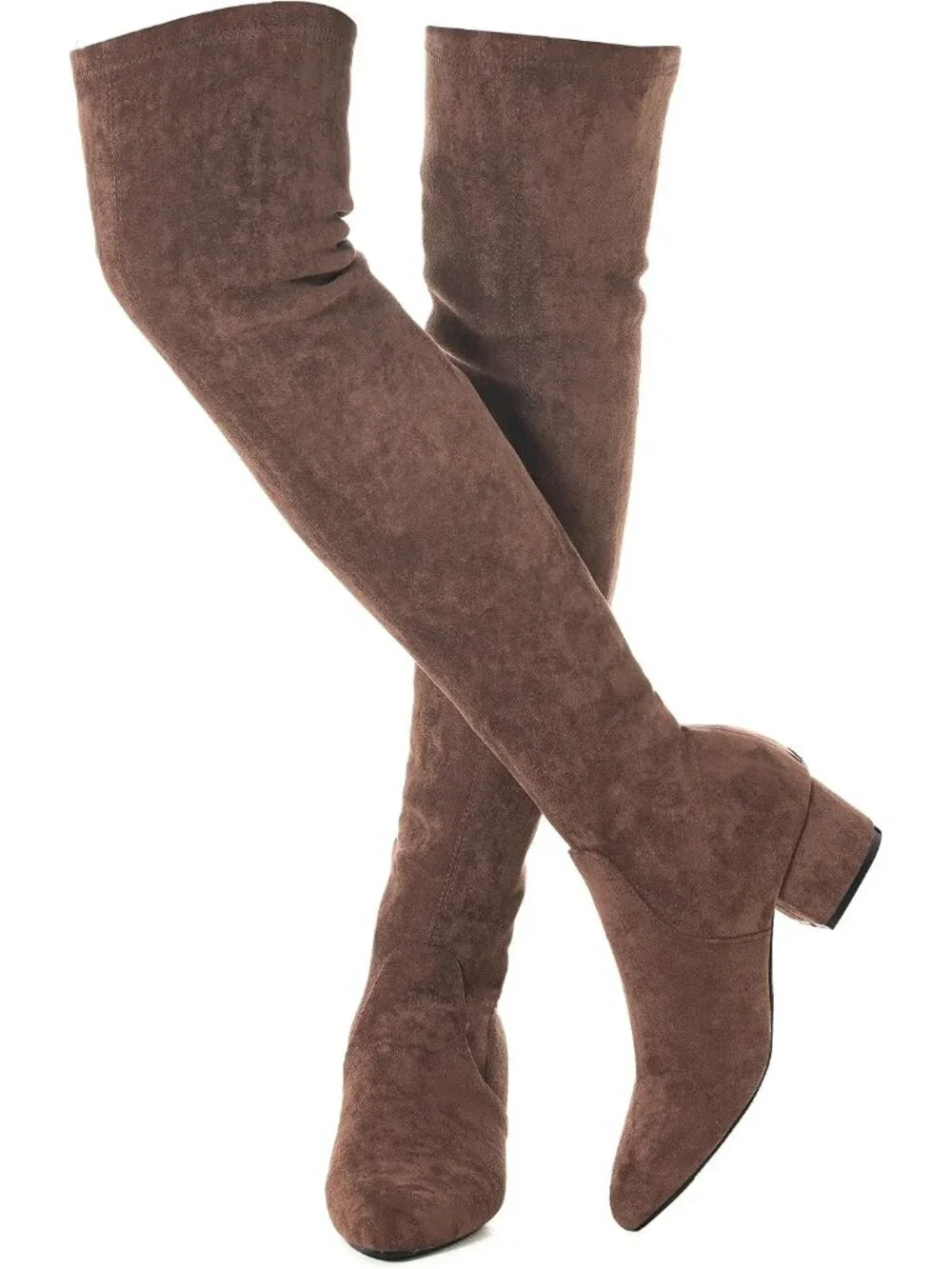 Women's Coffee 2 Inch Pointed Toe Chunky Block Heel Over The Knee High Boots